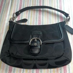 Coach Black Canvas Small Bag with Shoulder Strap and Decorative Silver Buckle